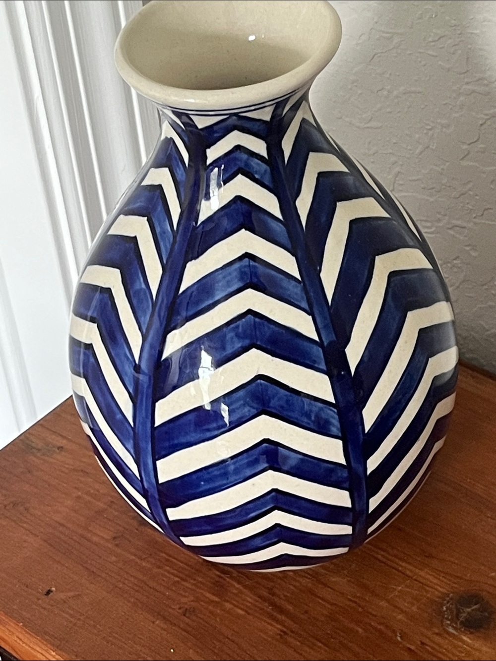 Vintage Made in India Blue & White Chevron Ceramic Vase